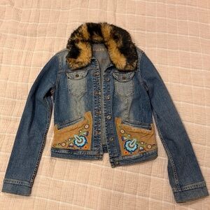 Allen B Embroidered Denim Jacket w/ Faux Fur Collar – M